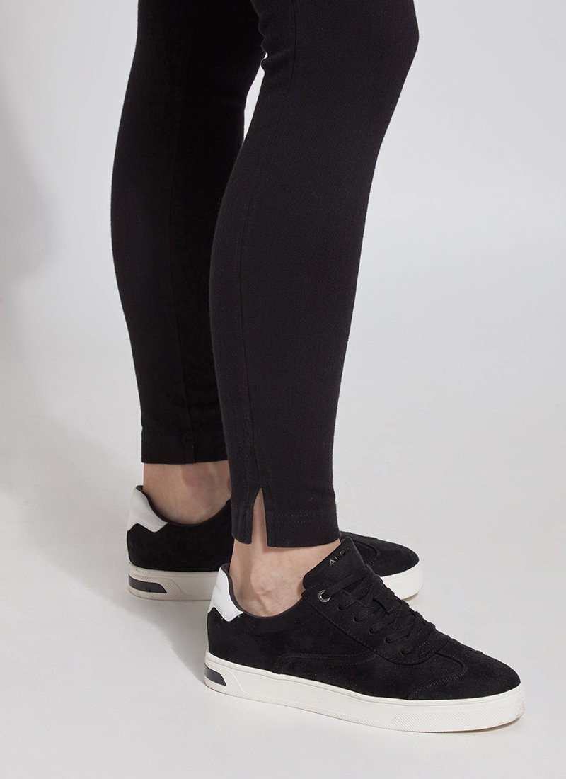 color=Black, Leg opening detail, black denim skinny jean legging with concealing waistband