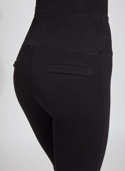 color=Black, Angled rear detail black denim skinny jean legging with concealing waistband