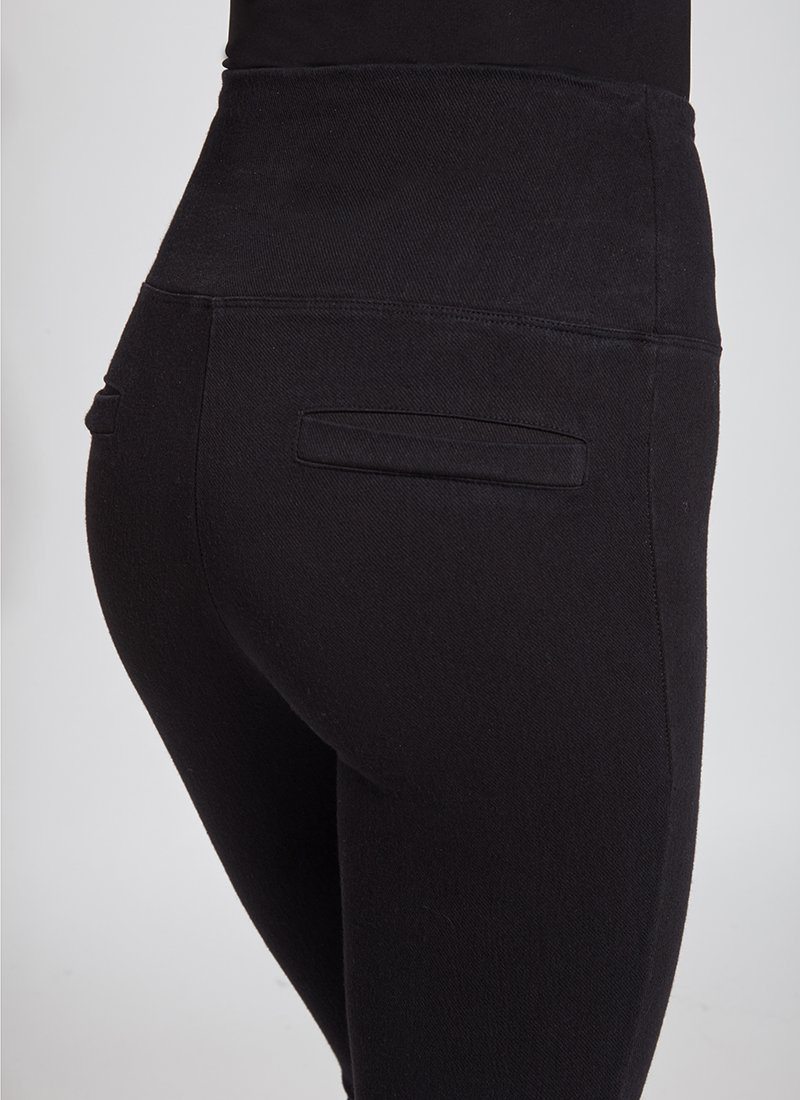 color=Black, back detail, plus size denim skinny jean leggings with concealed smoothing waistband for flattering fit