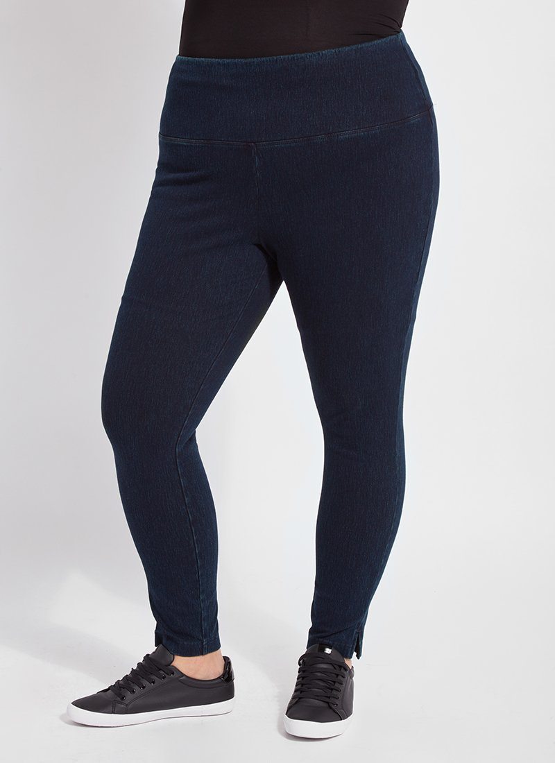 color=Indigo, front view, plus size denim skinny jean leggings with concealed smoothing waistband for flattering fit