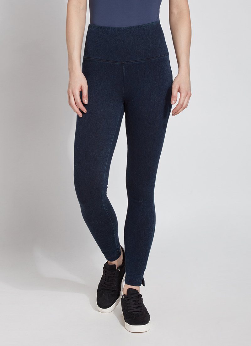 color=Indigo, Front view indigo denim skinny jean legging with concealing waistband