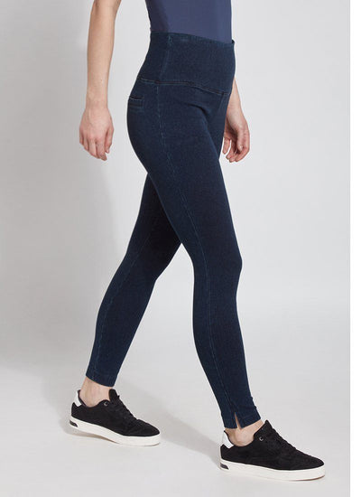 color=Indigo, side view, plus size denim skinny jean leggings with concealed smoothing waistband for flattering fit