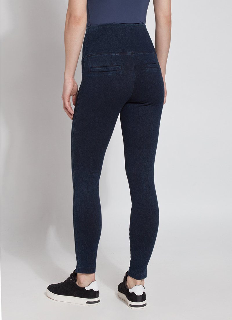 color=Indigo, Rear view indigo denim skinny jean legging with concealing waistband, seen from waist down