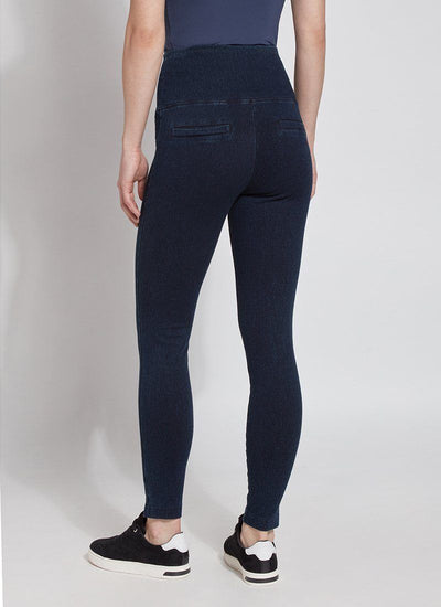 color=Indigo, back view, plus size denim skinny jean leggings with concealed smoothing waistband for flattering fit