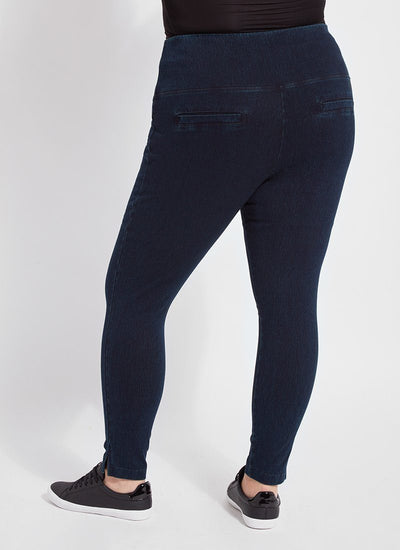 color=Indigo, back view, plus size denim skinny jean leggings with concealed smoothing waistband for flattering fit