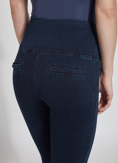 color=Indigo, back detail, plus size denim skinny jean leggings with concealed smoothing waistband for flattering fit