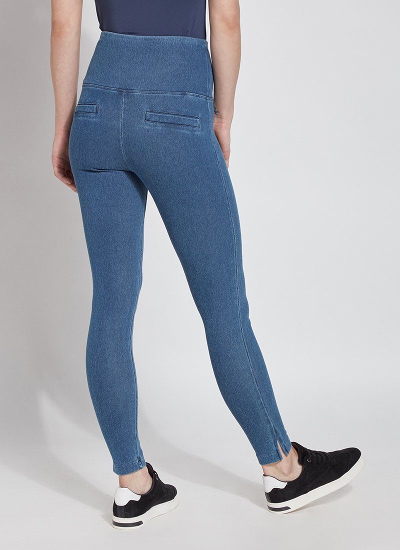 color=Mid Wash, rear view of denim skinny jean legging with concealing waistband, seen from waist down