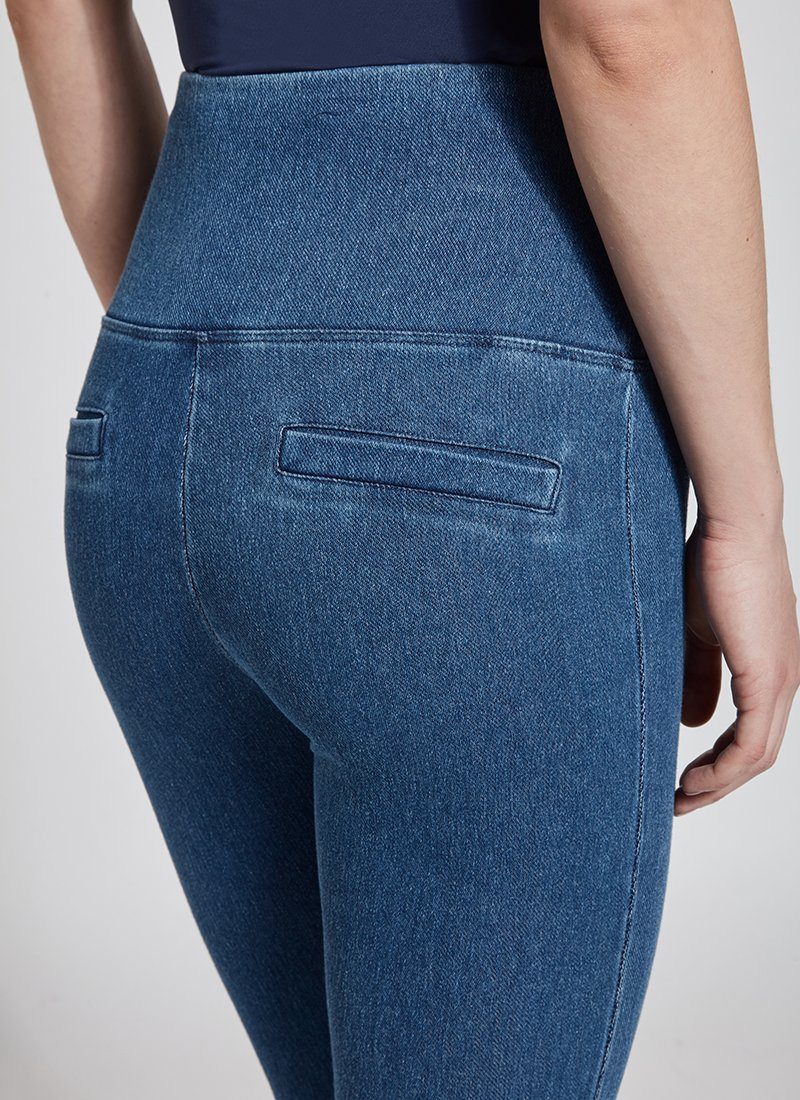 color=Mid Wash, back detail, plus size denim skinny jean leggings with concealed smoothing waistband for flattering fit