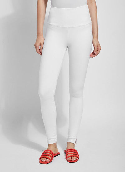 color=White, Front view white denim skinny jean legging with concealing waistband, seen from waist down