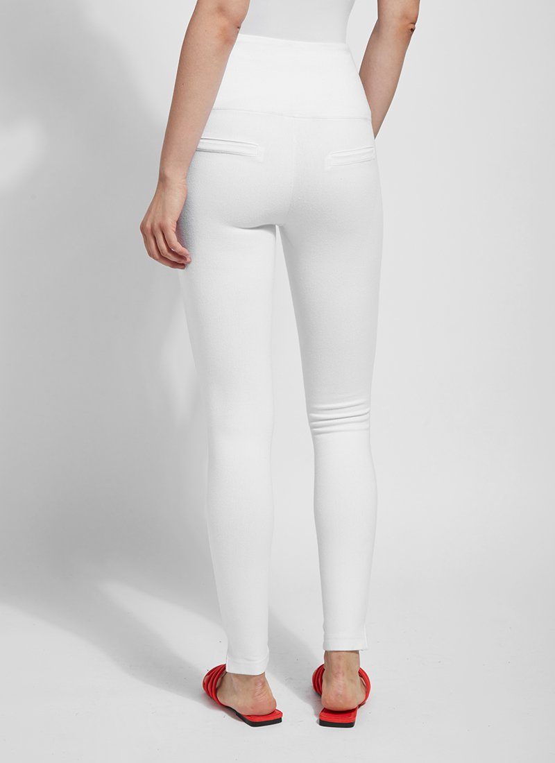 color=White, Rear view white denim skinny jean legging with concealing waistband, seen from waist down
