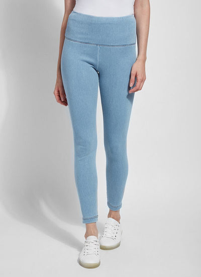 color=Bleached Blue, Front shot of bleached blue color cotton and spandex leggings with concealed signature waistband, from the waist down