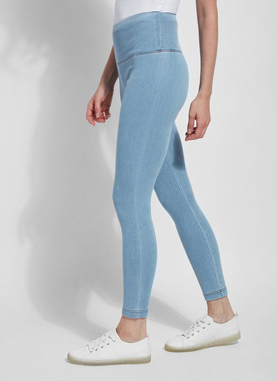 color=Bleached Blue, Side shot of bleached blue cotton and spandex leggings with concealed slimming signature waistband, from waist down