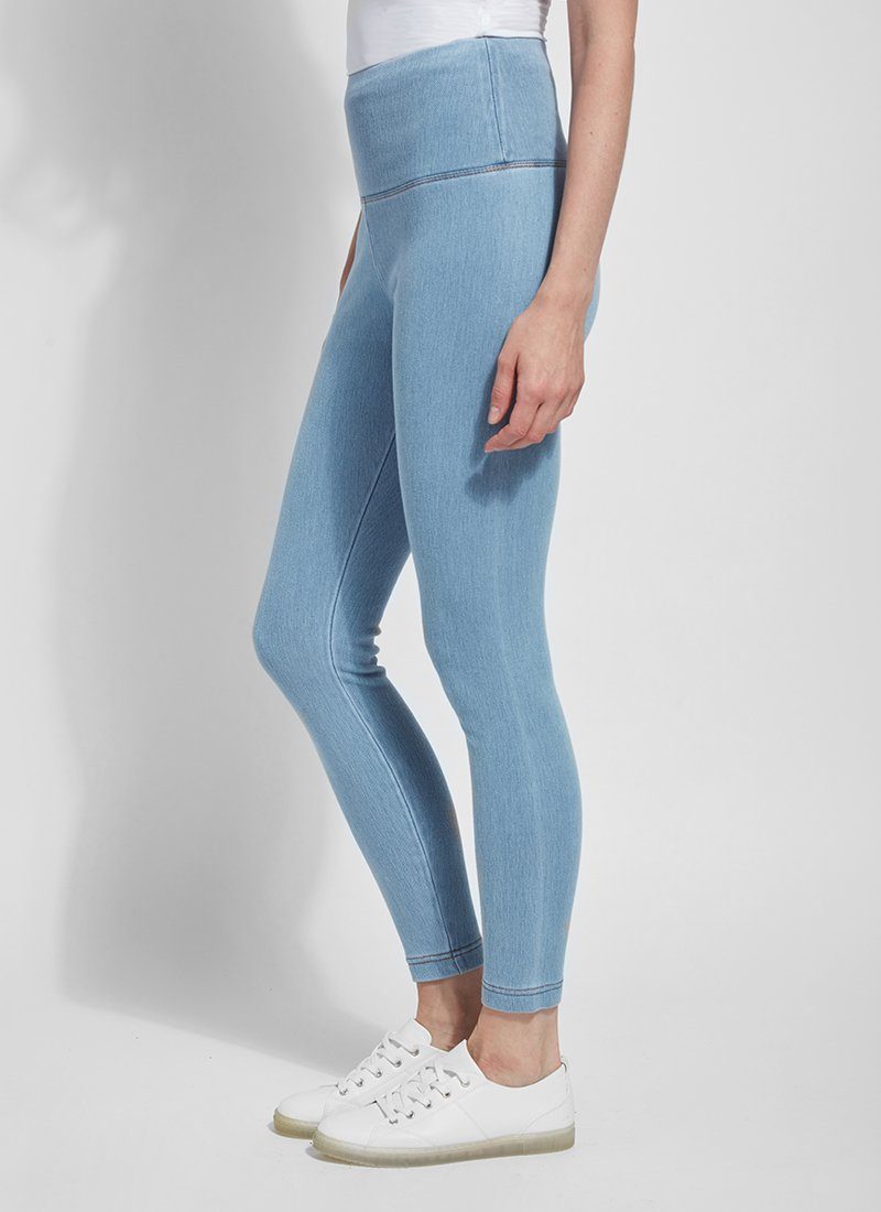 color=Bleached Blue, Side shot of bleached blue cotton and spandex leggings with concealed slimming signature waistband, from waist down
