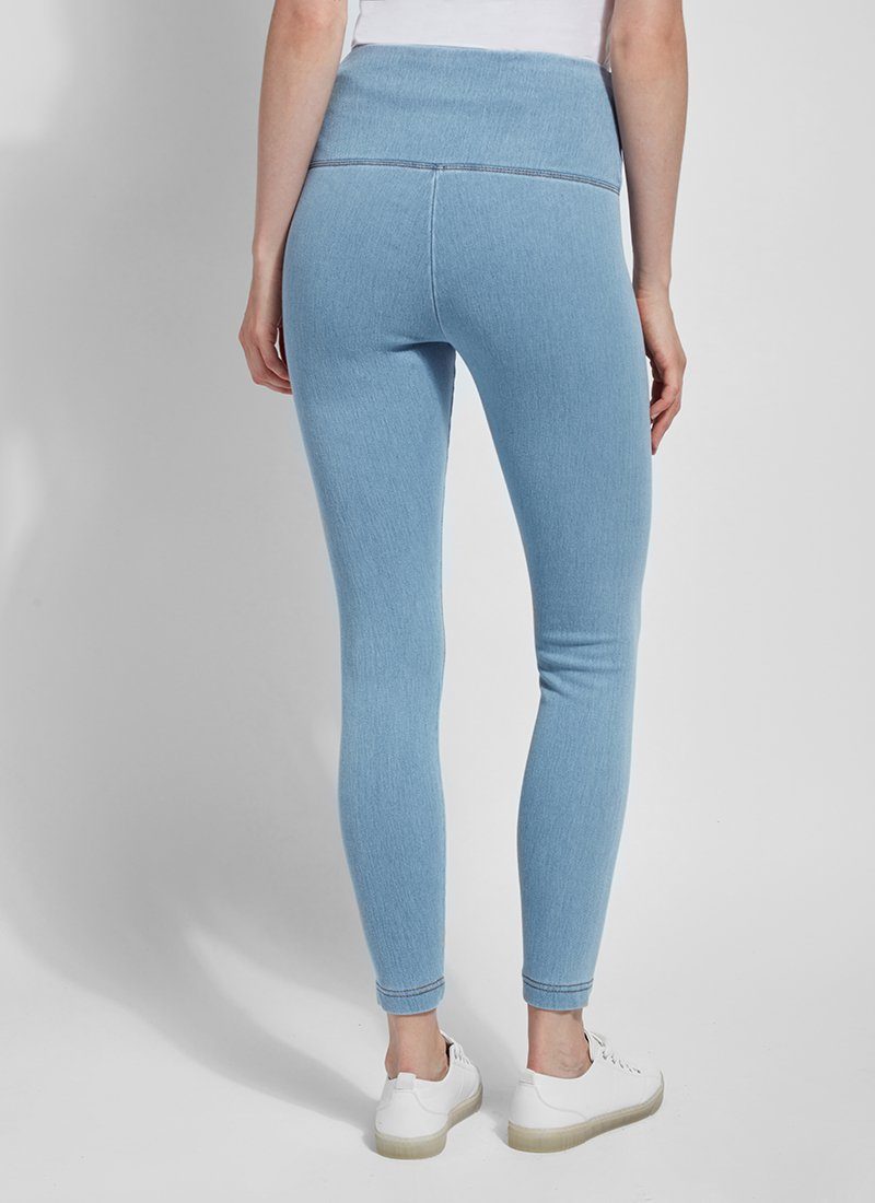 color=Bleached Blue, Rear shot of  bleached blue cotton and spandex leggings with concealed slimming signature waistband, from waist down