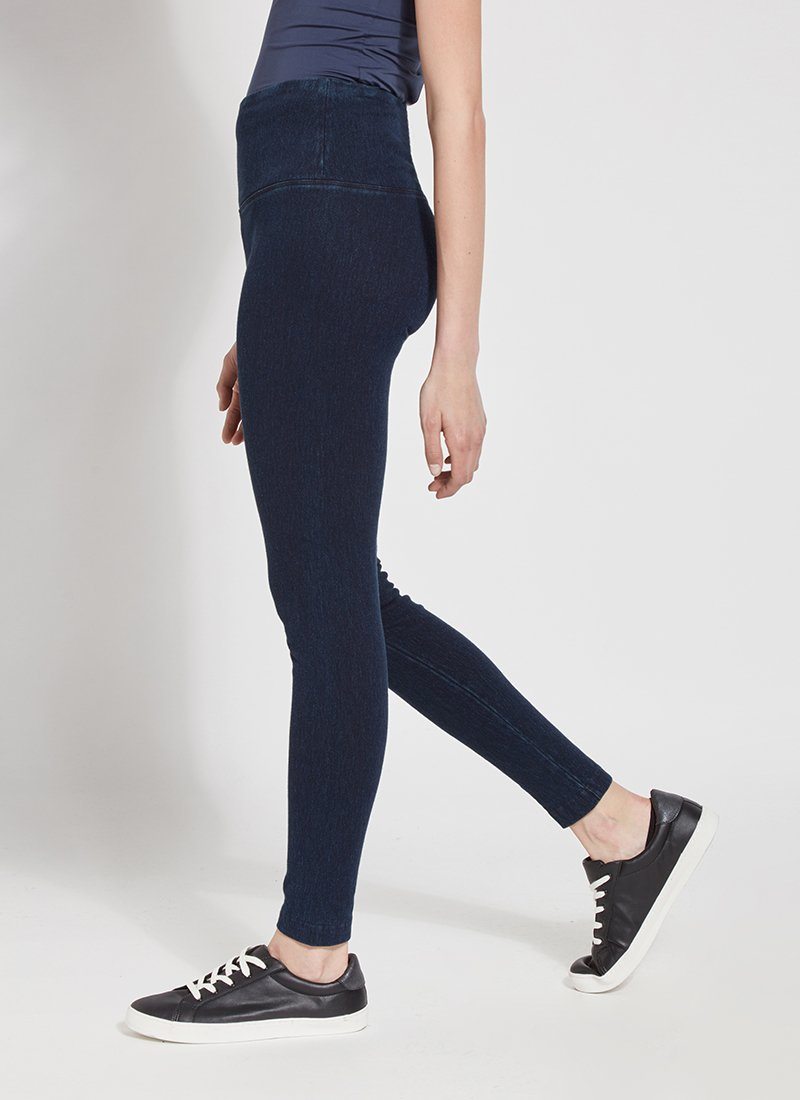 color=Indigo, Side shot of indigo cotton and spandex leggings with hidden signature slimming waistband, from waist down
