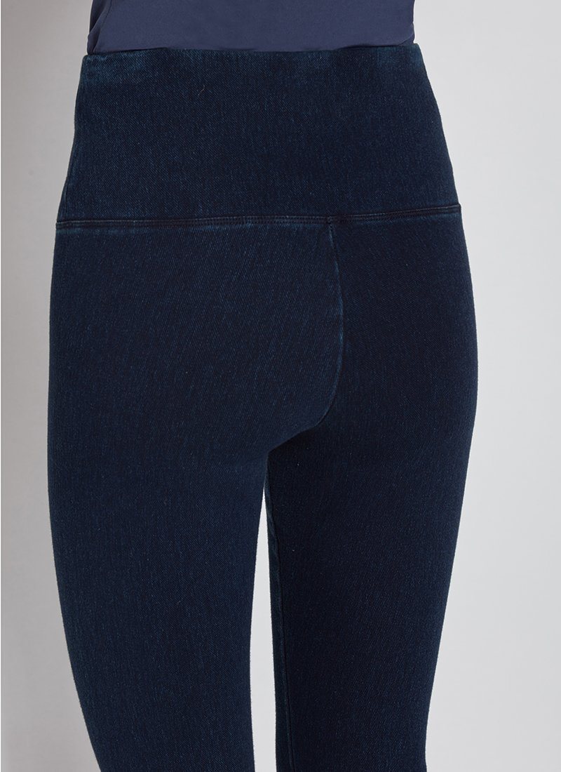 color=Indigo, Detail rear shot of indigo cotton and spandex leggings with concealed signature waistband