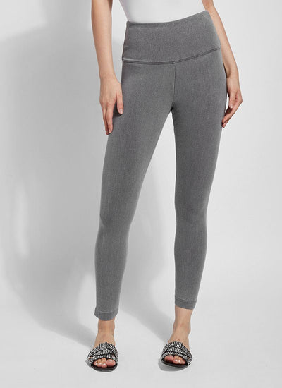 color=Mid Grey, slimming gray denim legging paired with white shirt and sandals, denim jean legging