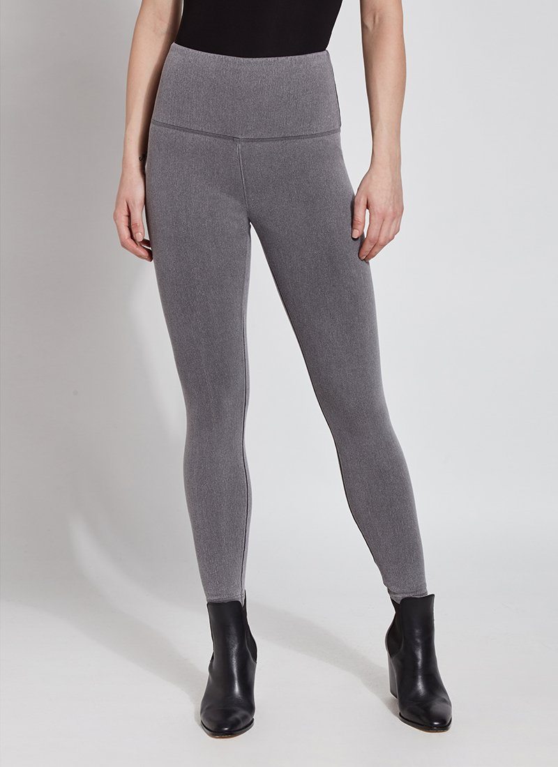 color=Mid Grey, Front shot of mid grey colored cotton and spandex denim leggings  with concealed signature waistband from the waist down