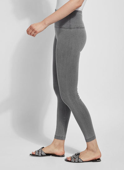 color=Mid Grey, Side view of mid grey cotton and spandex leggings with concealed slimming signature waistband, from waist down
