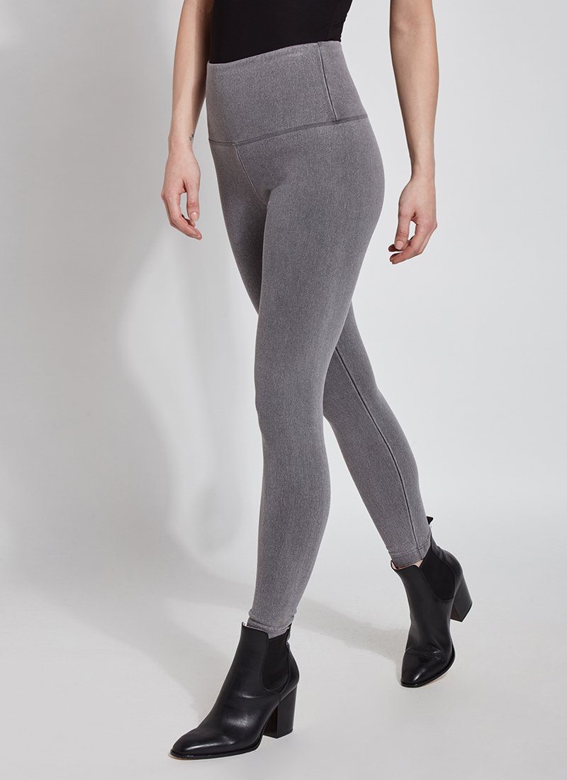 color=Mid Grey, Angled front shot of mid grey cotton and spandex leggings with concealed slimming signature waistband, from waist down