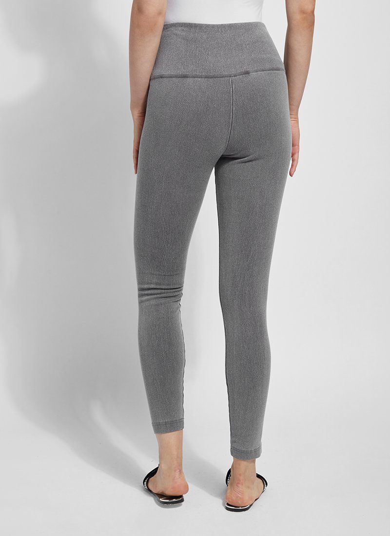 color=Mid Grey, rear view of mid grey cotton and spandex leggings with concealed slimming signature waistband, from waist down