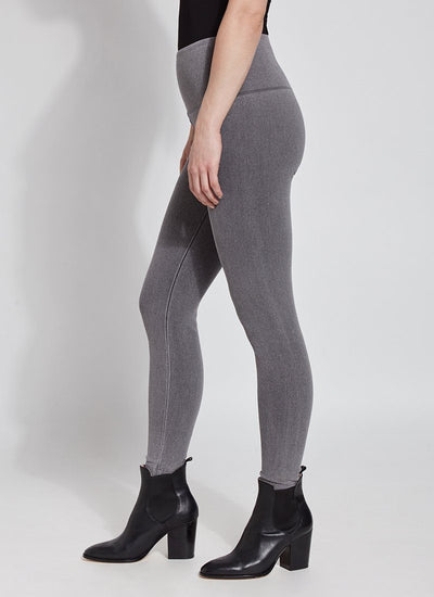 color=Mid Grey, Side shot of mid grey colored, cotton and spandex denim leggings  with concealed signature waistband, from the waist down