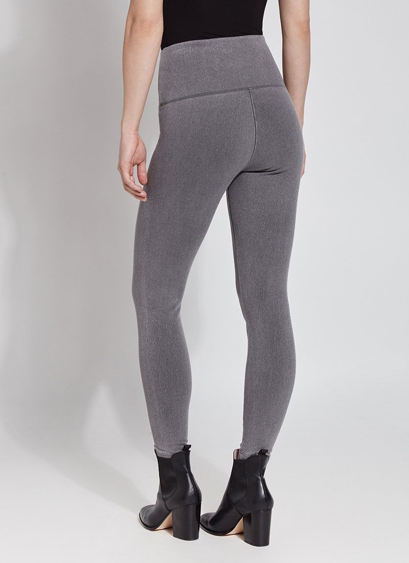 color=Mid Grey, Rear shot of mid grey cotton and spandex leggings with concealed slimming signature waistband, from waist down