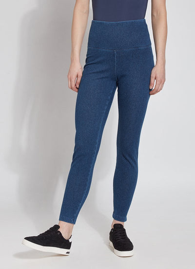 color=Mid Wash, Front shot of mid wash blue cotton and spandex leggings with concealed signature waistband, from the waist down