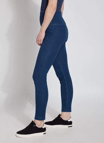 color=Mid Wash, Side shot of mid wash blue cotton and spandex leggings with concealed signature waistband,