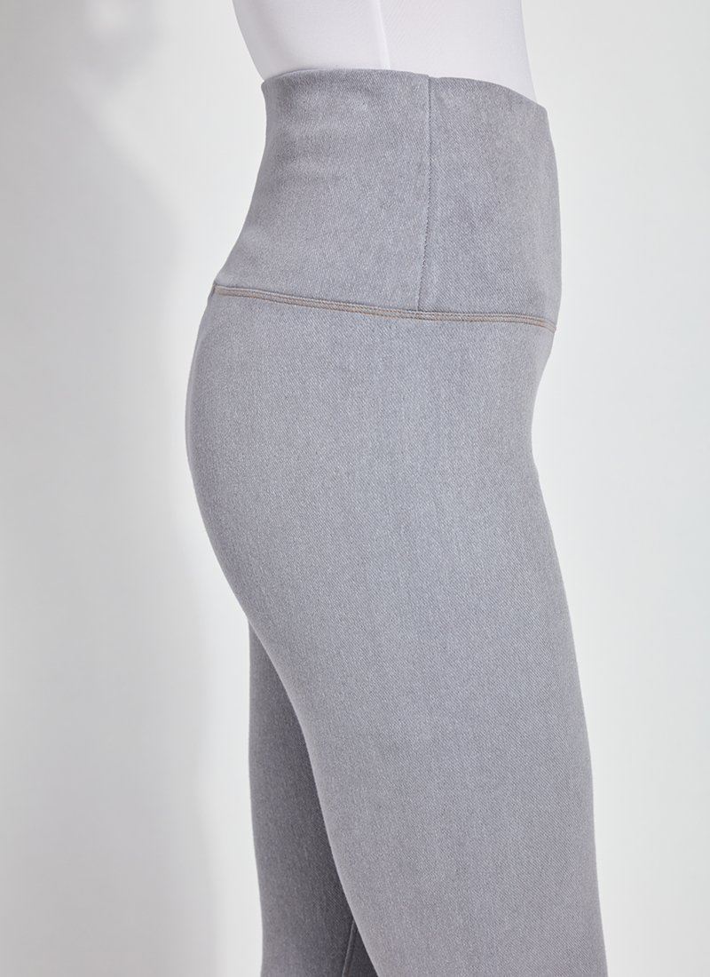 color=Uptown Grey, Side detail view of Uptown Grey cotton and spandex leggings with concealed slimming signature waistband, right hip