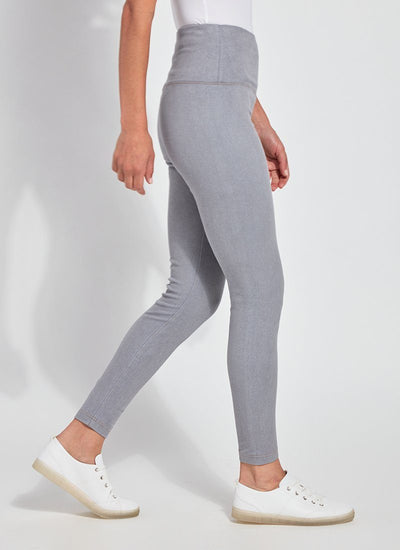 color=Uptown Grey, Side view of cotton and spandex leggings with concealed slimming signature waistband, from waist down