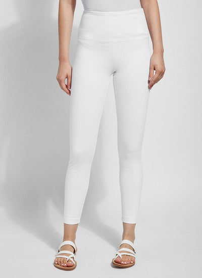 color=White, Front shot of white cotton and spandex leggings with concealed slimming signature waistband, from the waist down