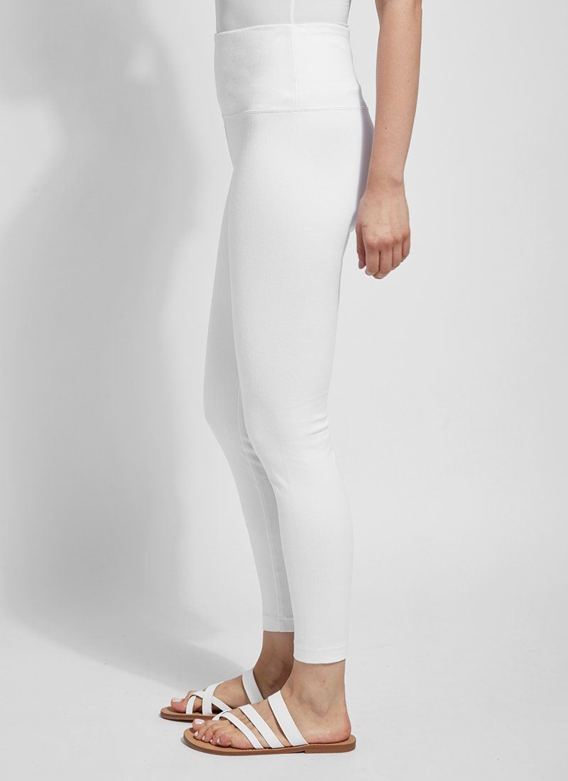color=White, Side shot of white cotton and spandex leggings with concealed slimming signature waistband, from waist down