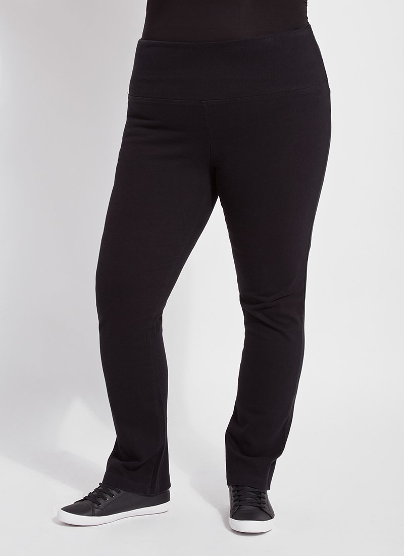 color=Black, front view, curvy denim straight leg pant legging, flattering and slimming concealed waistband