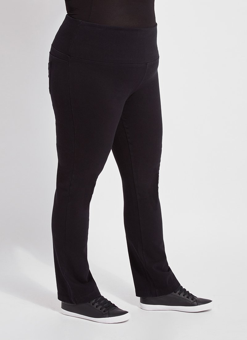 color=Black, side view, curvy denim straight leg pant legging, flattering and slimming concealed waistband