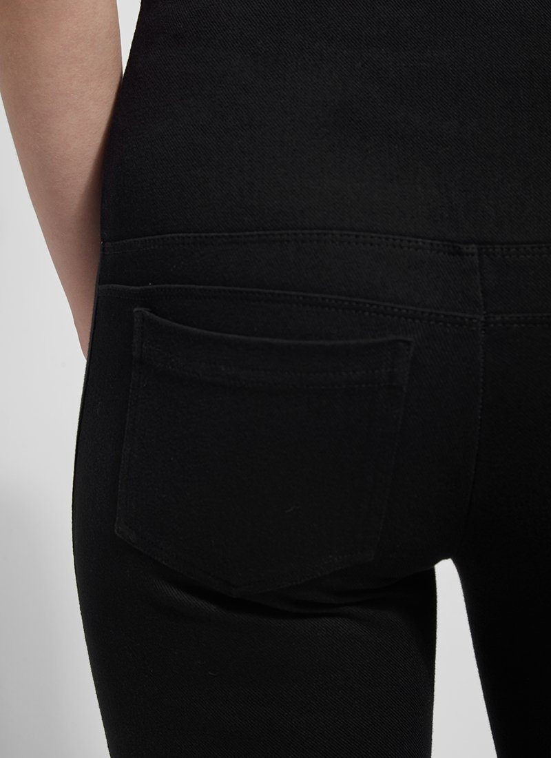 color=Black, back detail black denim straight leg jean leggings with patented concealing waistband