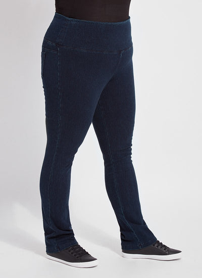 color=Indigo, side view, curvy denim straight leg pant legging, flattering and slimming concealed waistband
