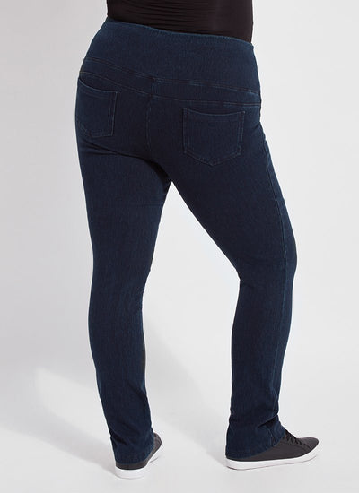 color=Indigo, back view, curvy denim straight leg pant legging, flattering and slimming concealed waistband