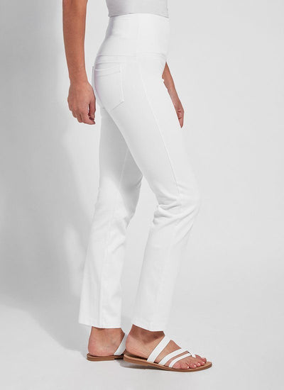 color=White, Side view white denim straight leg jean leggings with patented concealing waistband
