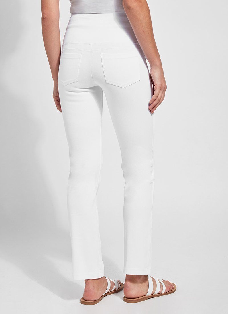color=White, Rear view white denim straight leg jean leggings with patented concealing waistband