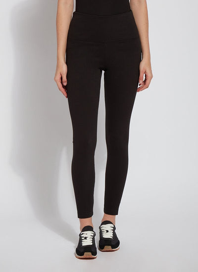 color=Black, Front shot of black cotton and spandex leggings pictured from the waist down, with concealed signature waistband