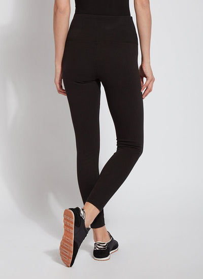 color=Black, Rear view of Black cotton and spandex leggings with concealed slimming signature waistband, from waist down