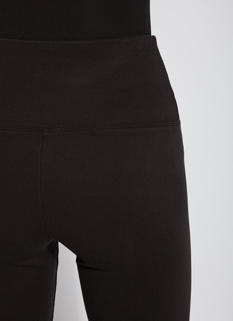 color=Black, Rear detail shot of black cotton and spandex leggings with concealed slimming signature waistband