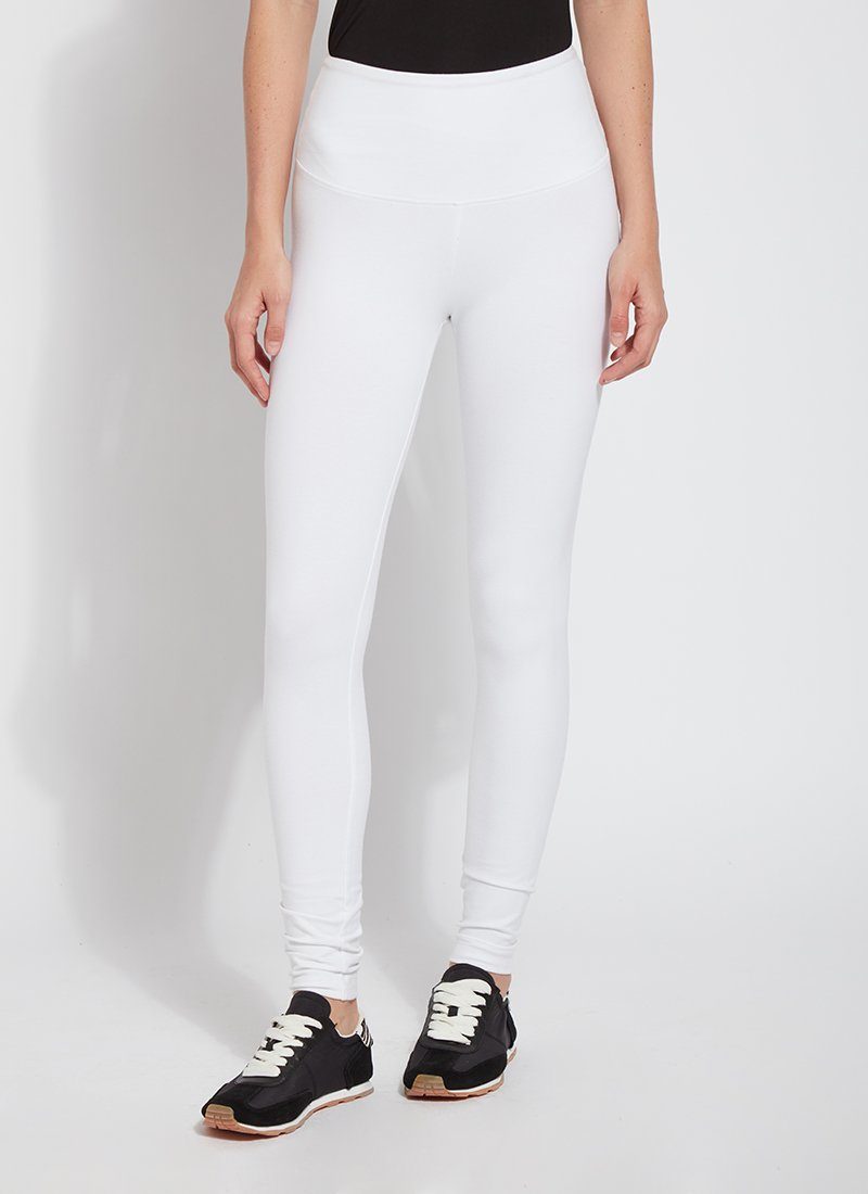 color=White, front view, stretch cotton leggings, yoga pants, with smoothing comfort waistband and lifting, contouring seaming 