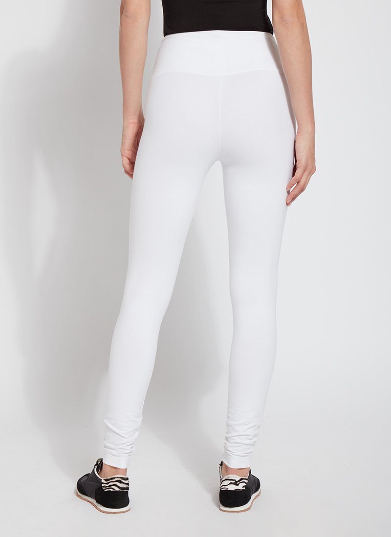 color=White, back view, stretch cotton leggings, yoga pants, with smoothing comfort waistband and lifting, contouring seaming 