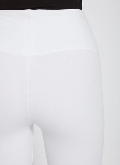 color=White, back detail, stretch cotton leggings, yoga pants, with smoothing comfort waistband and lifting, contouring seaming 