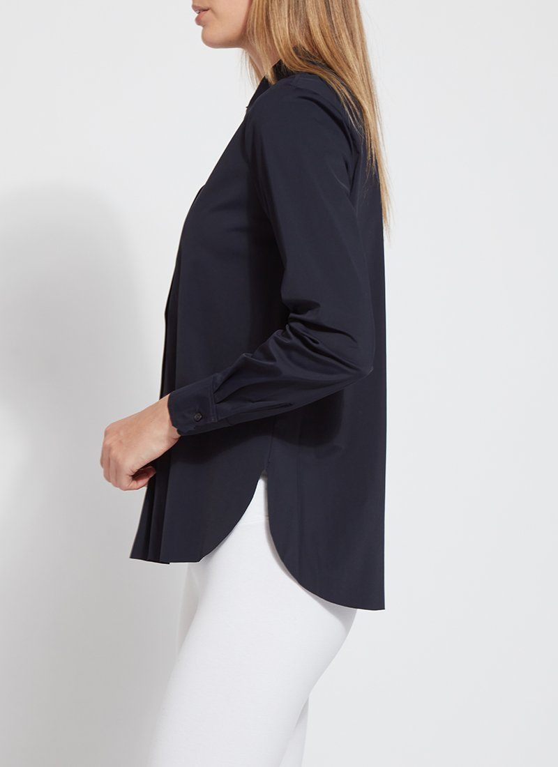 color=True Navy, side view, slim fit women’s button up shirt with curved hem, made with wrinkle resistant microfiber