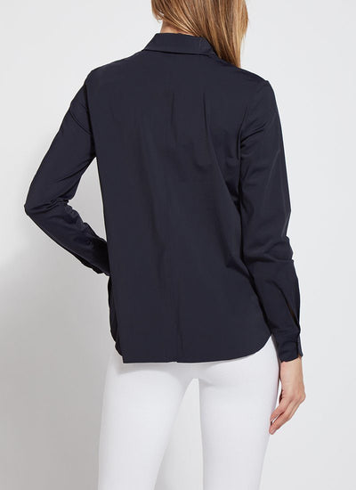 color=True Navy, back view, slim fit women’s button up shirt with curved hem, made with wrinkle resistant microfiber
