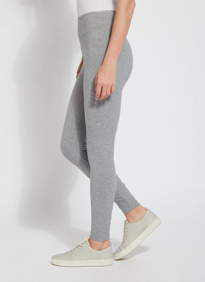 color=Grey Melange, side view, stretch cotton leggings, yoga pants, with smoothing comfort waistband and lifting, contouring seaming 
