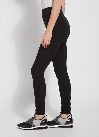 color=Black, side view, stretch cotton leggings, yoga pants, with smoothing comfort waistband and lifting, contouring seaming 